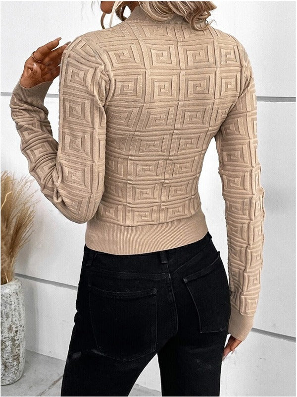 Women’s Sweatshirt – Slim Fit – Embossed Geometric Pattern – Mock Neck Long Sleeve