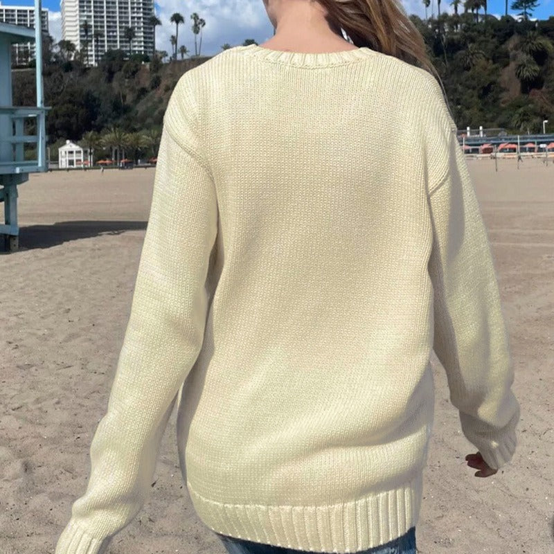 Women’s Knitted Sweatshirt – Relaxed Fit – Ribbed Crew Neck – Graphic Flag Print