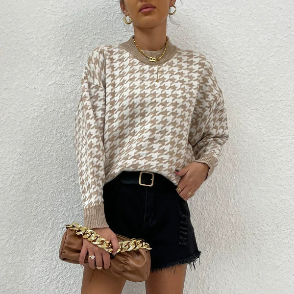 Women’s Pullover Sweater – Relaxed Fit – Houndstooth Knit – Ribbed Trim – Casual Style
