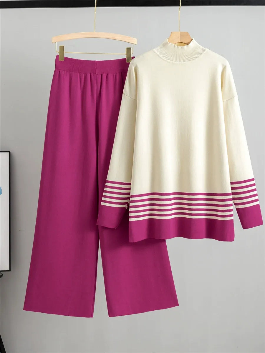 Women’s Two-Piece Set – Knit Sweater and Wide-Leg Trousers – Loose Fit Lounge Wear