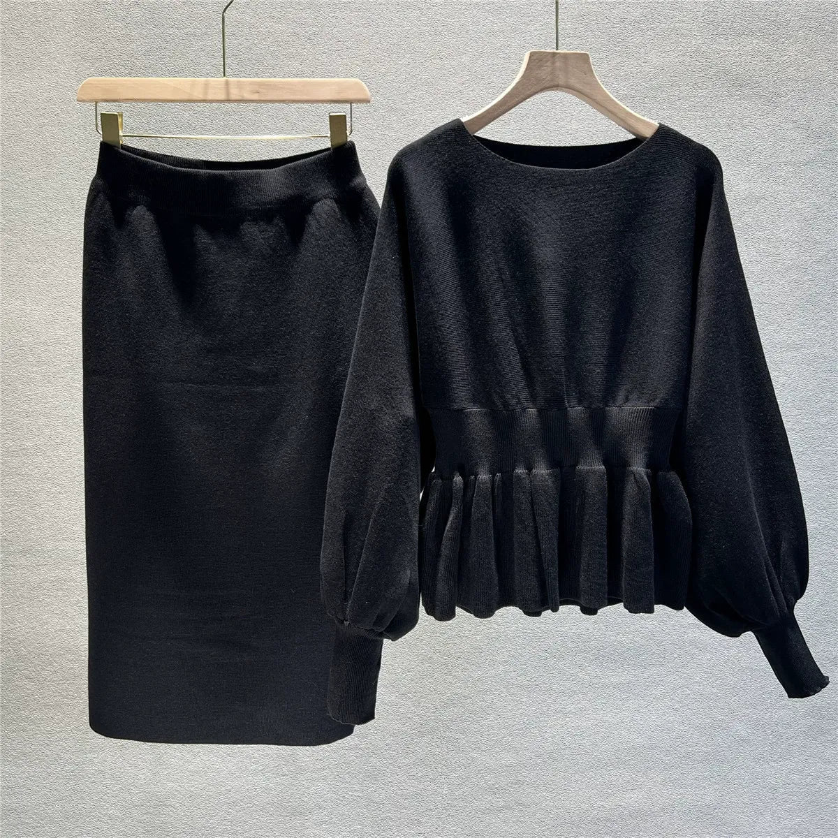 Women’s Two-Piece Knit Suit – Peplum Top with Balloon Sleeves – High Waist Midi Skirt