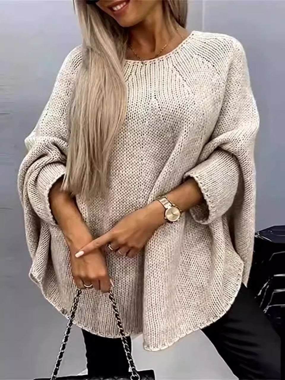 Women’s Knit Top – Oversized Fit – Chunky Texture – Batwing Sleeves – Crew Neck