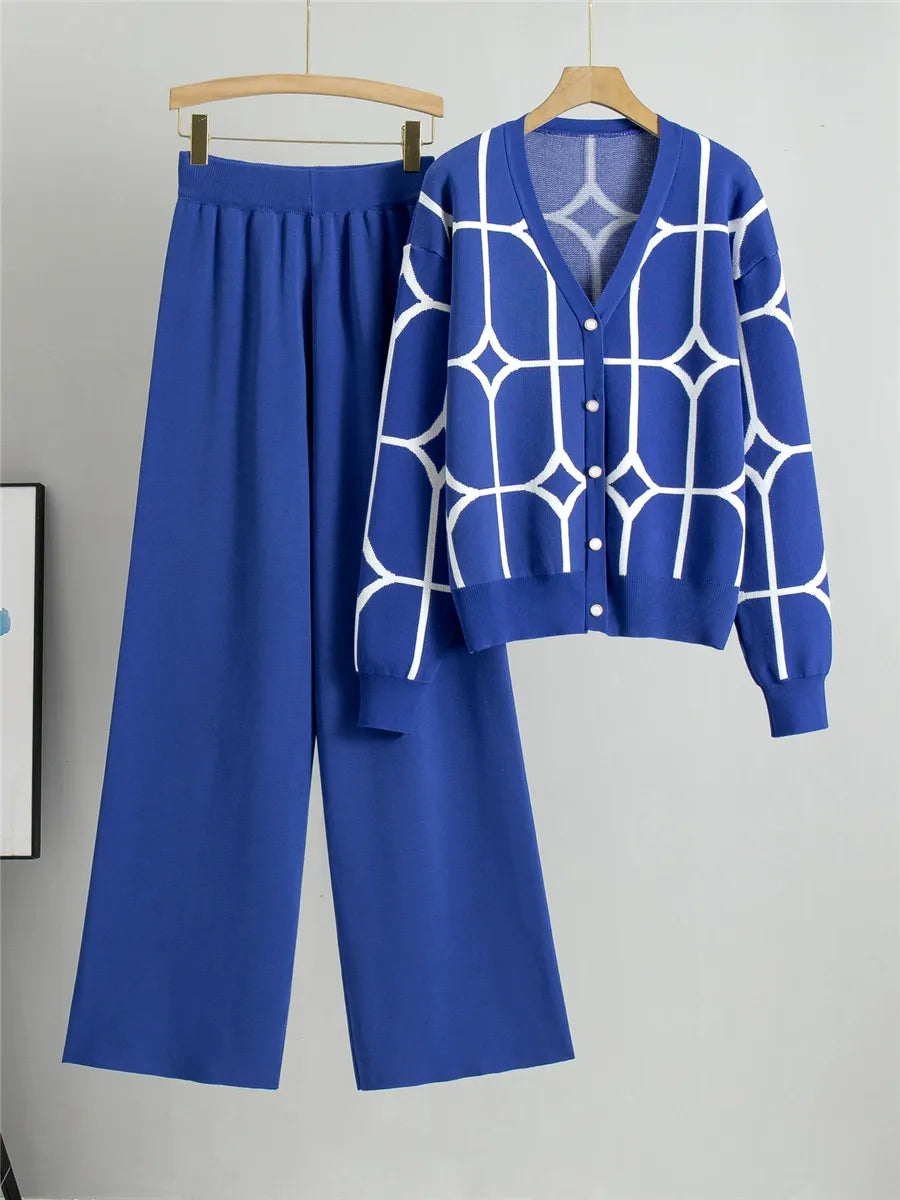 Women’s Two-Piece Knitted Set – V-Neck Cardigan – Geometric Pattern – Wide-Leg Pants