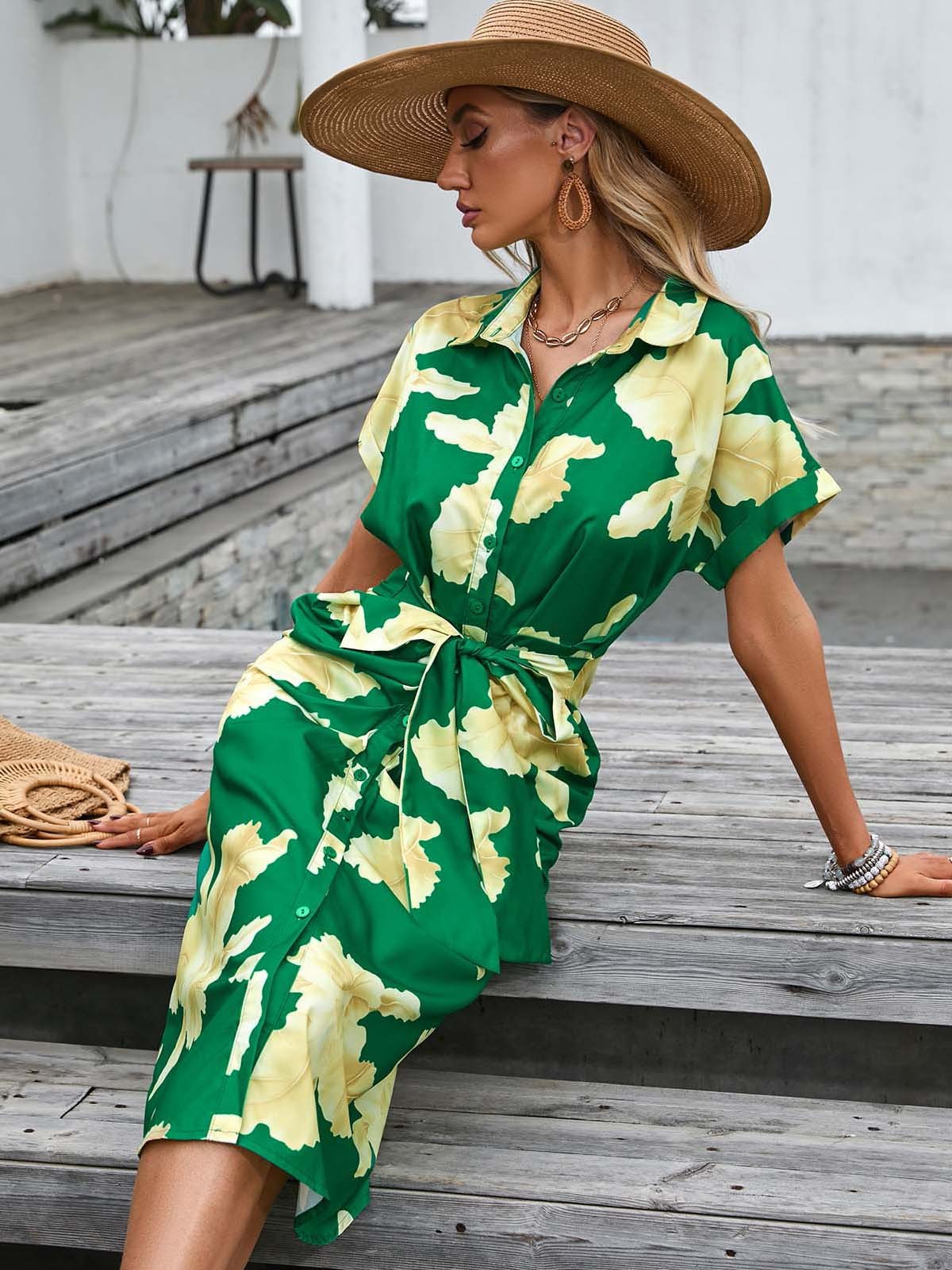 Belted Cotton Blend Shirt Style Midi Dress