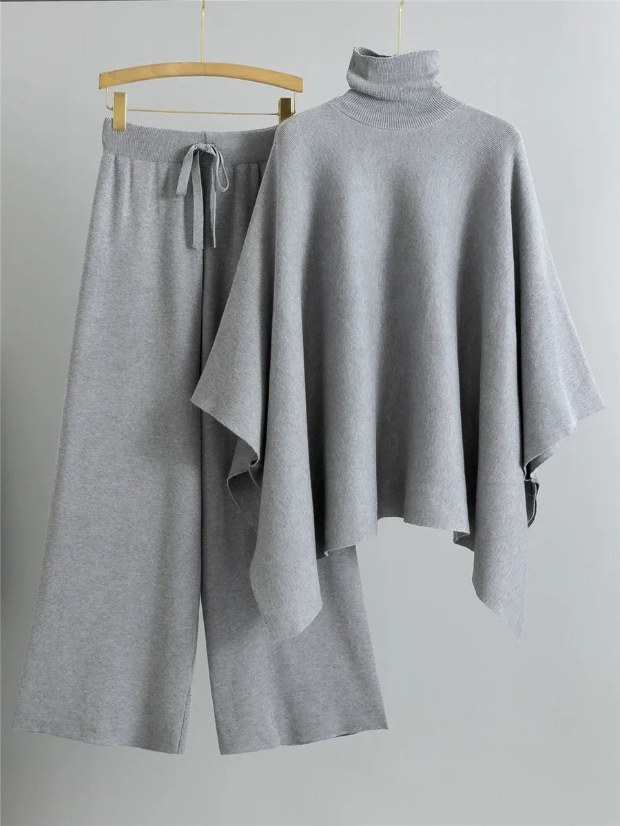 Women’s Two-Piece Knit Set – High Neck Cape Top – Wide-Leg Pants – Relaxed Fit
