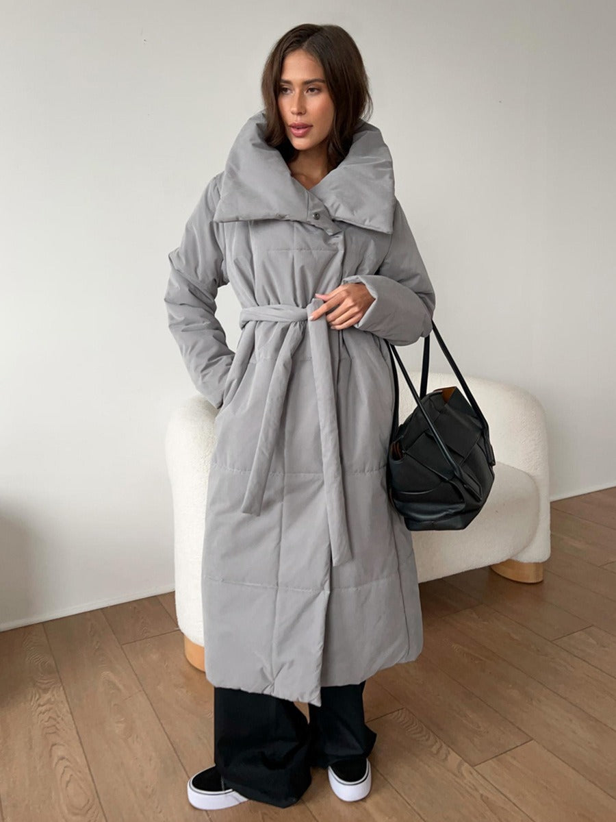 Women’s Long Puffer Jacket – Quilted Oversized Fit – Stand Collar – Snap Closure