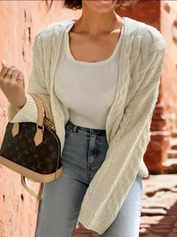 Women’s Knit Sweater – Wool Blend – Oversized Fit – Asymmetric V-Neck – Cable Stitch