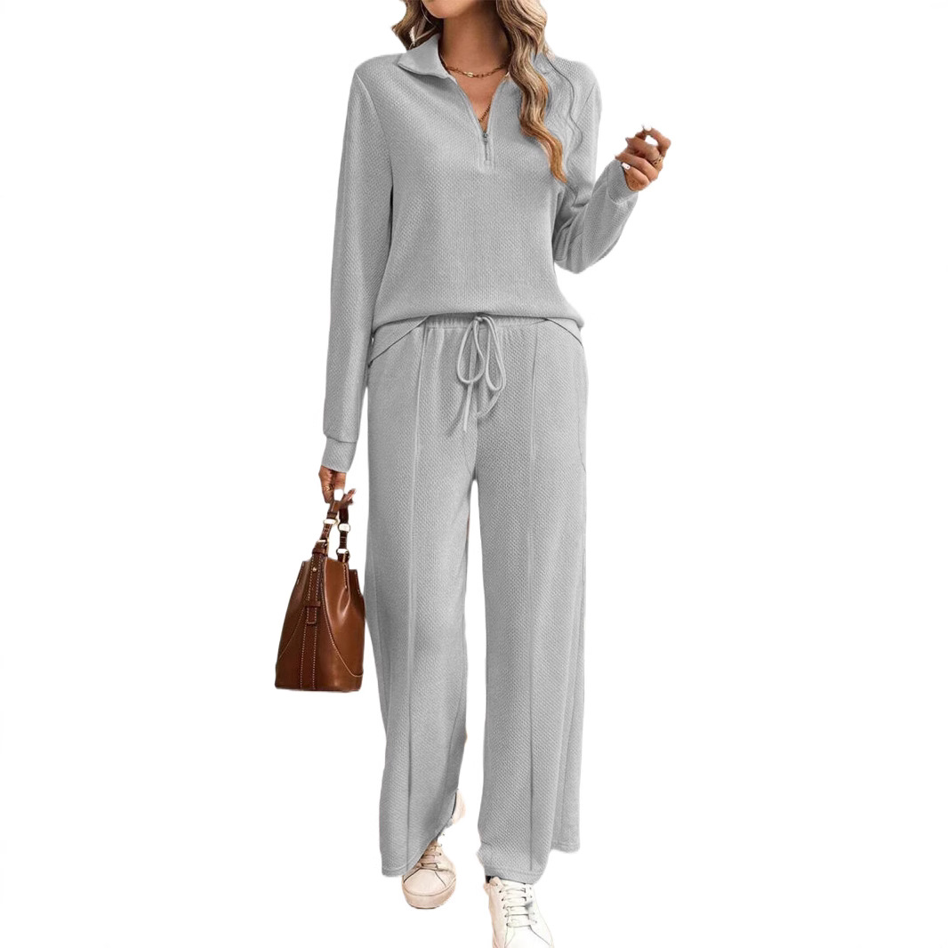 Women’s Two-Piece Lounge Set – Relaxed Fit – Textured Knit – Zip Collar – Wide-Leg Pants