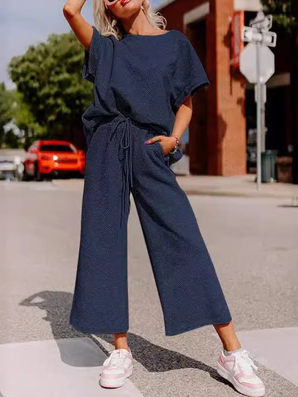 Women’s Two-Piece Set – Soft Knit – Relaxed Fit – Short Sleeve Top and Wide-Leg Pants