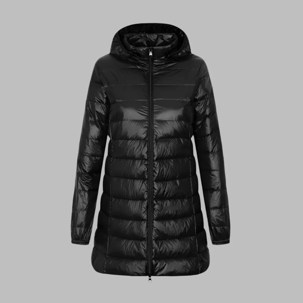 Women’s Quilted Jacket – Fitted Mid-Thigh Length – Hooded – Water-Resistant – Zipper Front