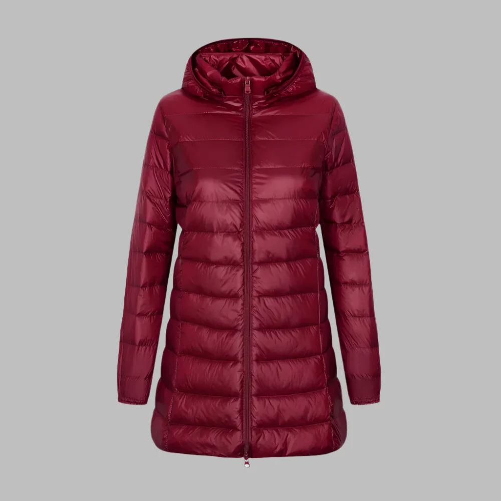 Women’s Quilted Jacket – Fitted Mid-Thigh Length – Hooded – Water-Resistant – Zipper Front