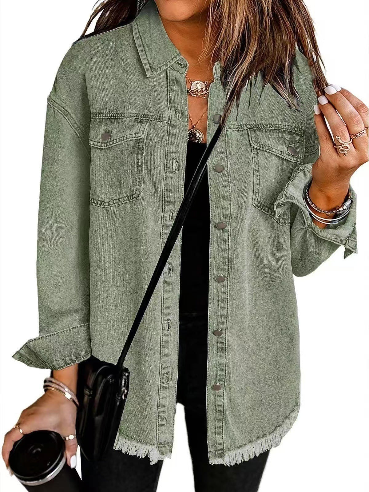 Women’s Denim Jacket – Relaxed Fit – Frayed Hem – Button Front – Casual Outerwear