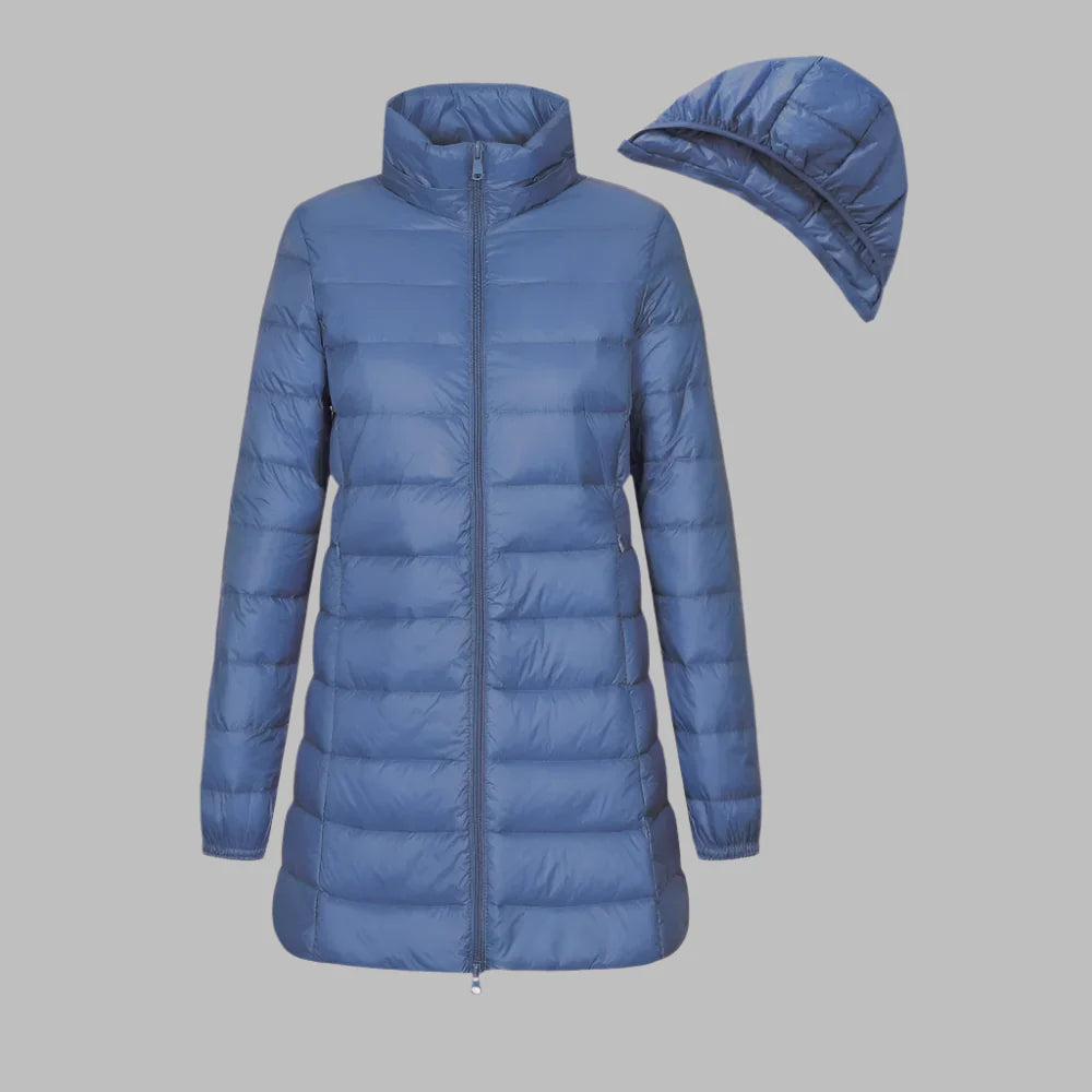 Women’s Quilted Jacket – Fitted Mid-Thigh Length – Hooded – Water-Resistant – Zipper Front