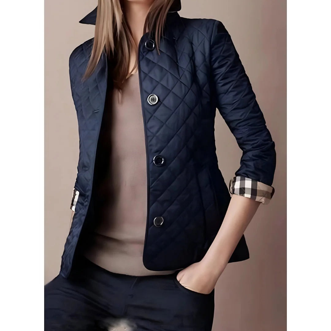 Women’s Quilted Jacket – Tailored Fit – Diamond Pattern – Hip Length – Button Front