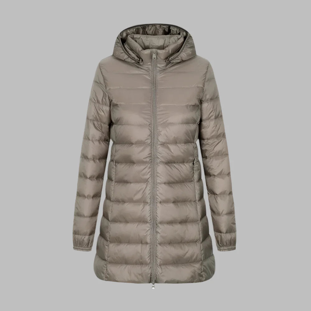 Women’s Quilted Jacket – Fitted Mid-Thigh Length – Hooded – Water-Resistant – Zipper Front