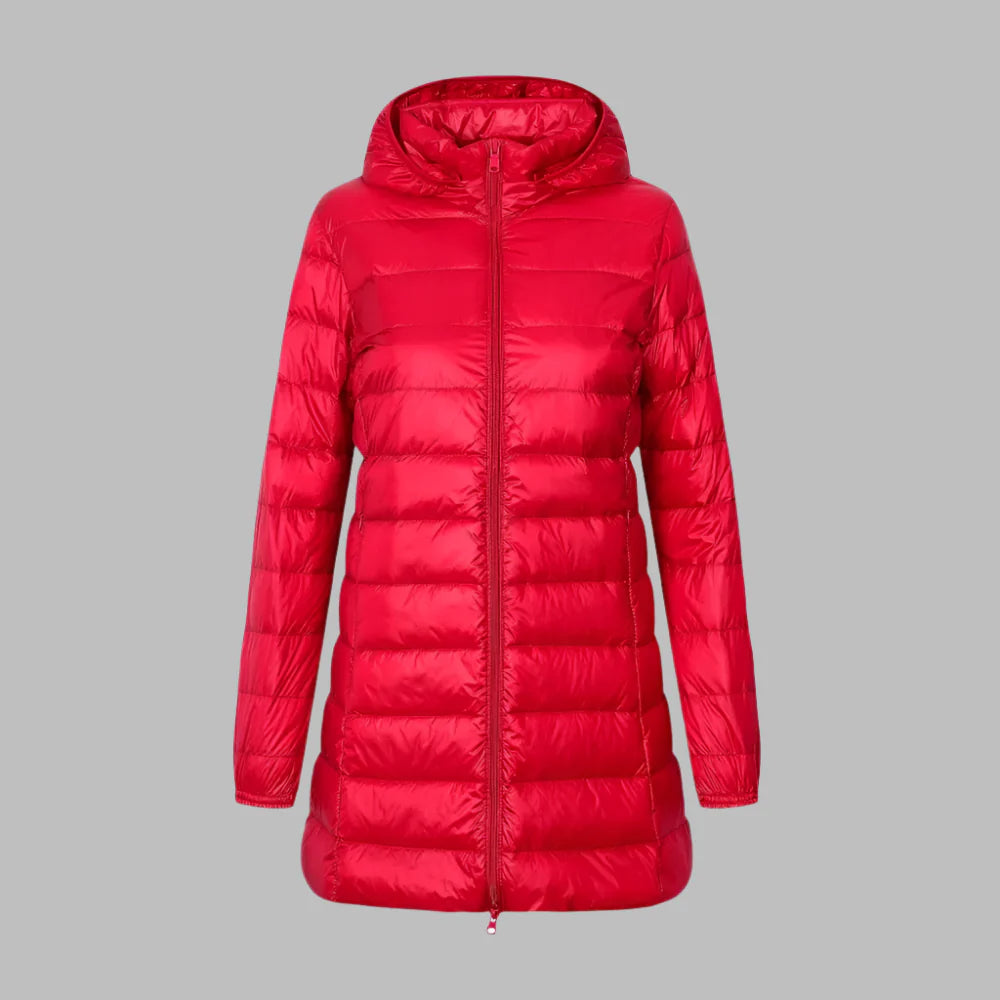 Women’s Quilted Jacket – Fitted Mid-Thigh Length – Hooded – Water-Resistant – Zipper Front