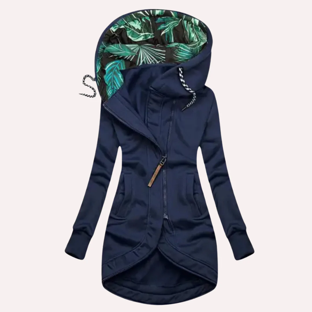 Women’s Fleece Jacket – Slim Fit – Hooded with Printed Lining – Asymmetrical Zip – Long Length