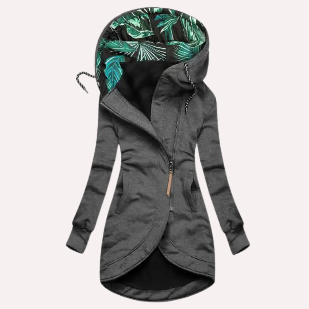 Women’s Fleece Jacket – Slim Fit – Hooded with Printed Lining – Asymmetrical Zip – Long Length