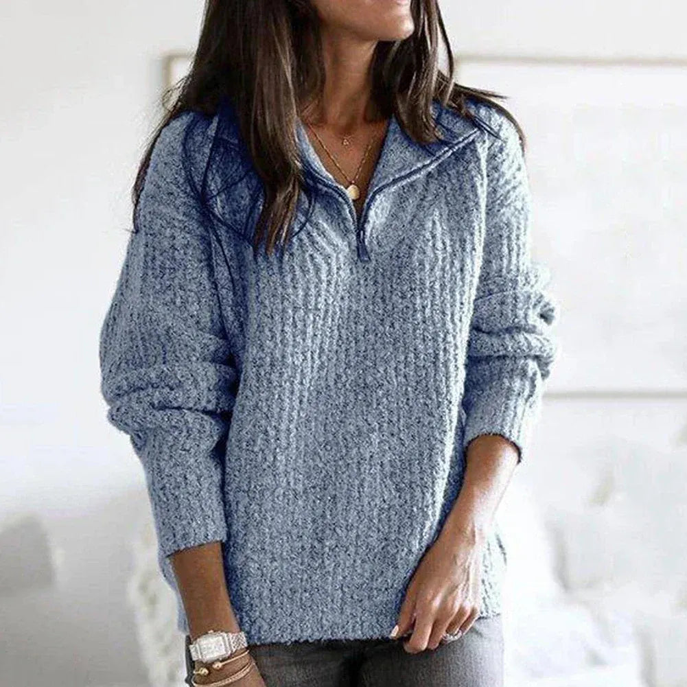 Women’s Half-Zip Sweatshirt – Relaxed Fit – Chunky Knit – Soft Wool Blend – Hip Length