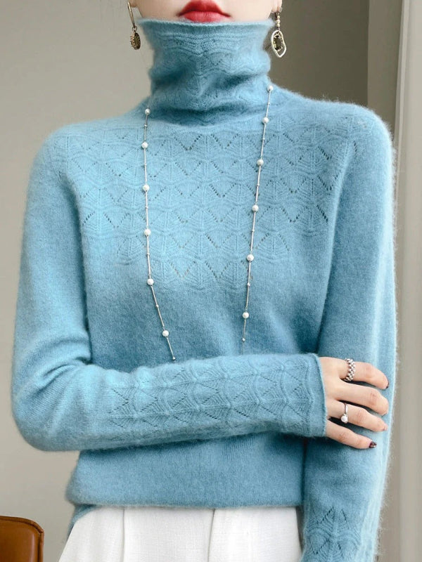 Women’s Turtleneck Sweater – Slim Fit – Wool Blend – Geometric Hollow Knit