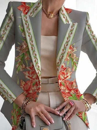 Women’s Blazer – Regular Fit – Floral Pattern – Shawl Collar – Buckle Closure