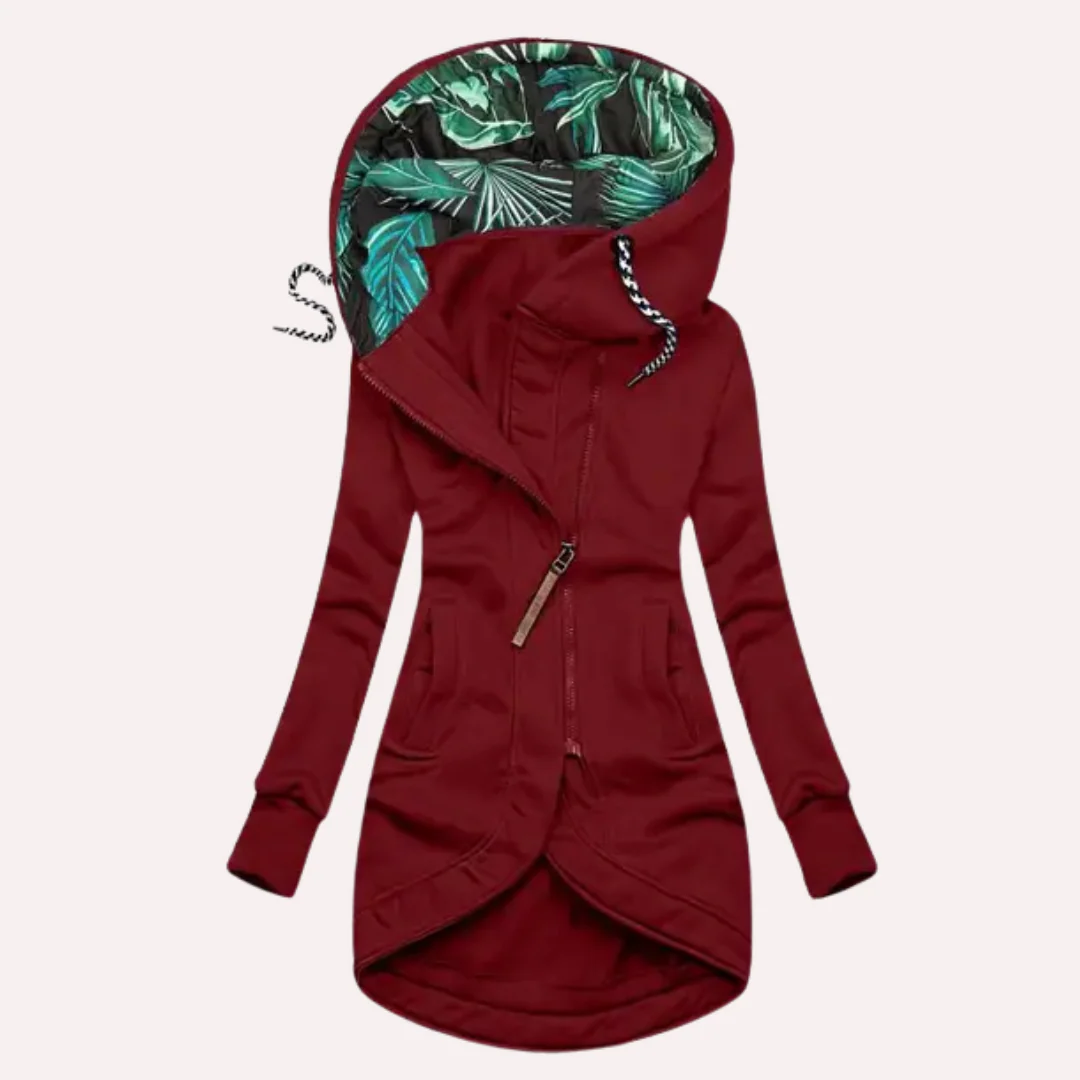 Women’s Fleece Jacket – Slim Fit – Hooded with Printed Lining – Asymmetrical Zip – Long Length