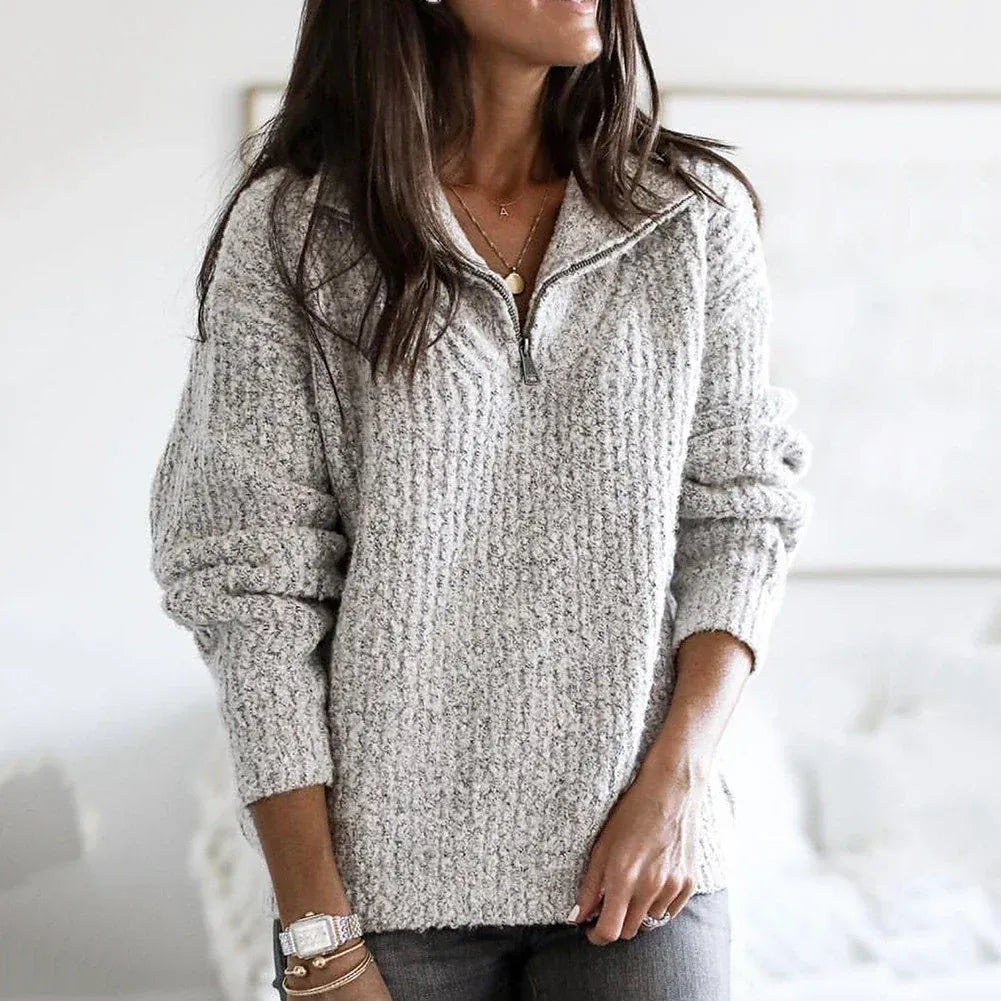 Women’s Half-Zip Sweatshirt – Relaxed Fit – Chunky Knit – Soft Wool Blend – Hip Length