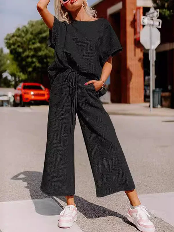 Women’s Two-Piece Set – Soft Knit – Relaxed Fit – Short Sleeve Top and Wide-Leg Pants