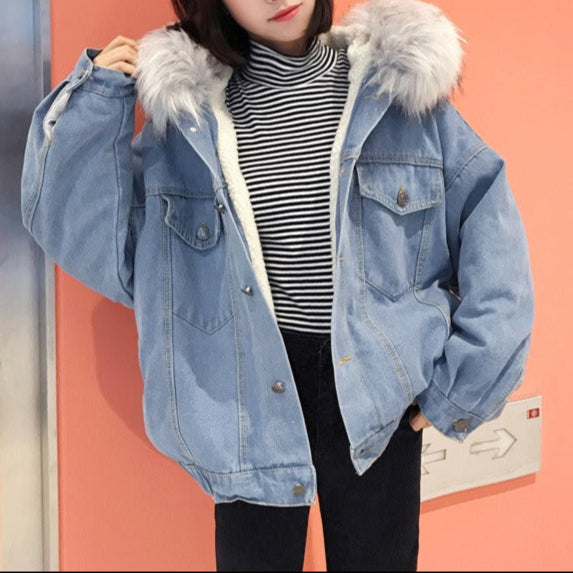 Women’s Denim Jacket – Oversized Fit – Faux Fur Collar – Fleece Lined – Button Front