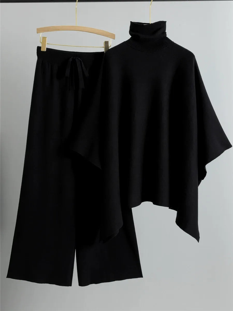 Women’s Two-Piece Knit Set – High Neck Cape Top – Wide-Leg Pants – Relaxed Fit