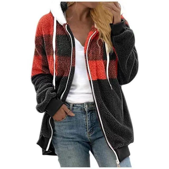 Women’s Hooded Sweatshirt Jacket – Plush Fleece – Oversized Fit – Zipper Front – Ribbed Cuffs