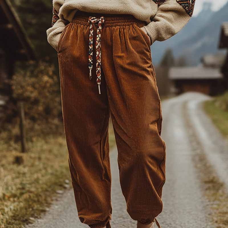 Women’s Pants - Corduroy - Loose Fit - Elastic Waist - Cuffed Hem