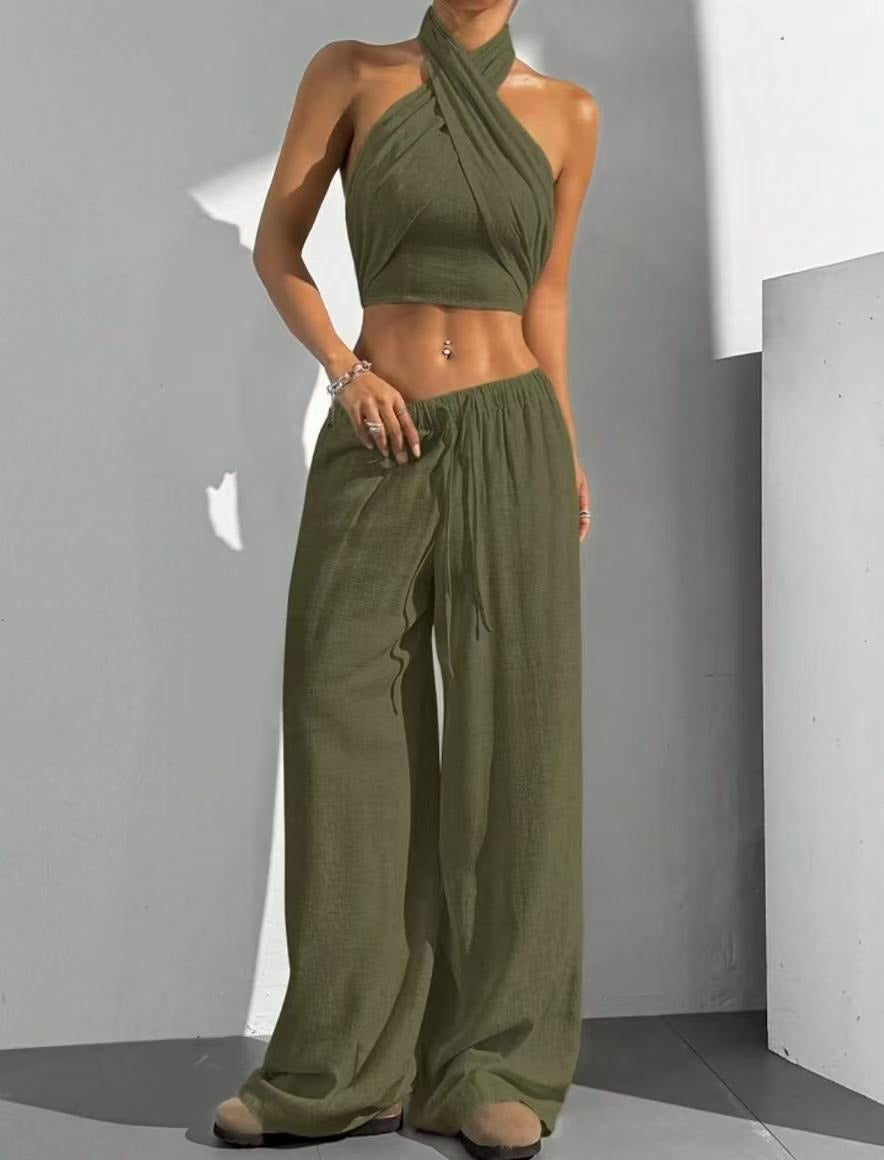 Women’s Matching Set – Halter Wrap Crop Top – Wide Leg Pants – Cotton Blend