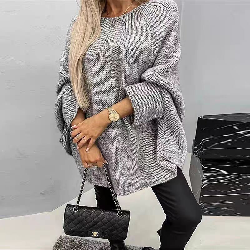 Women’s Knit Top – Oversized Fit – Chunky Texture – Batwing Sleeves – Crew Neck