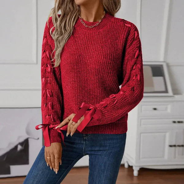 Women’s Pullover Sweater – Relaxed Fit – Soft Knit – Lace-Up Sleeve Detail – Textured Fabric