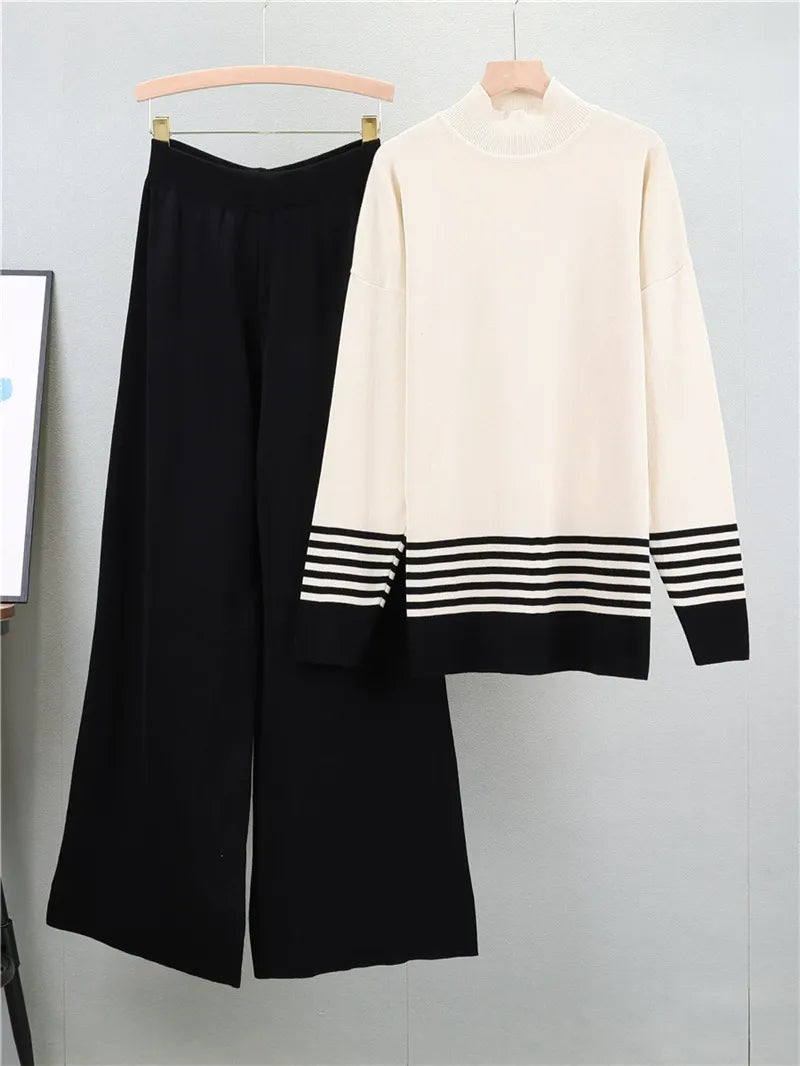 Women’s Two-Piece Set – Knit Sweater and Wide-Leg Trousers – Loose Fit Lounge Wear