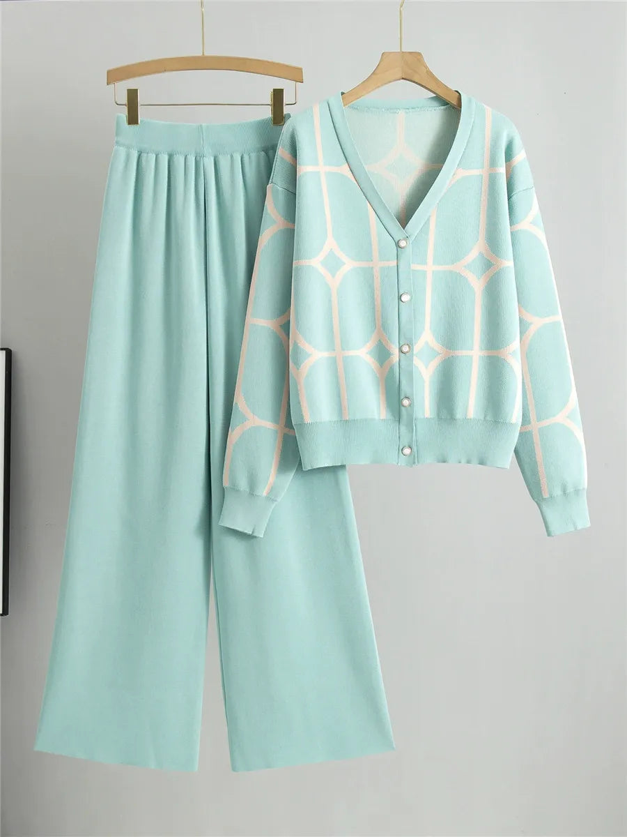 Women’s Two-Piece Knitted Set – V-Neck Cardigan – Geometric Pattern – Wide-Leg Pants