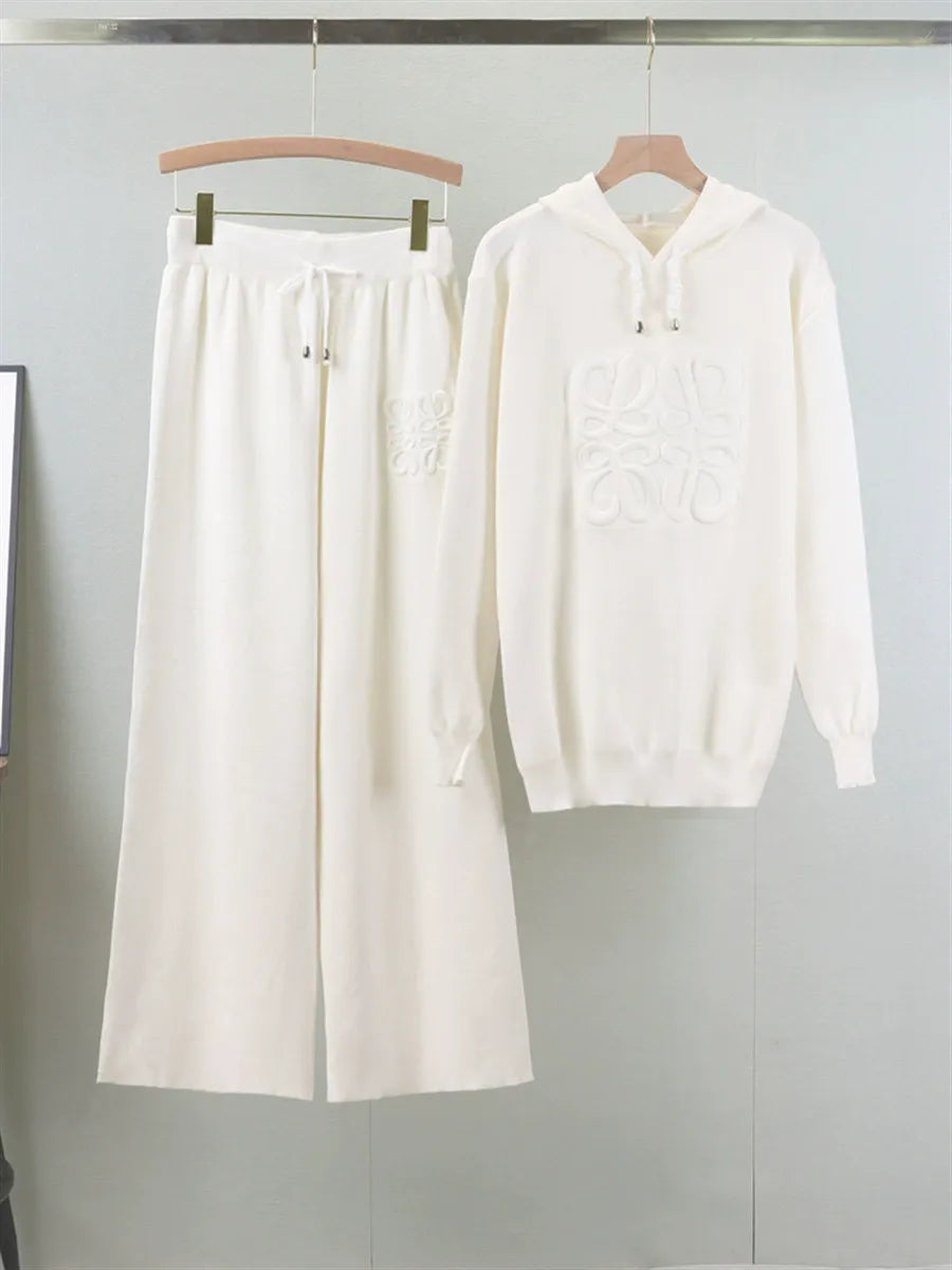 Women’s Two-Piece Knit Lounge Set – Oversized Hooded Sweater – Wide-Leg Drawstring Pants