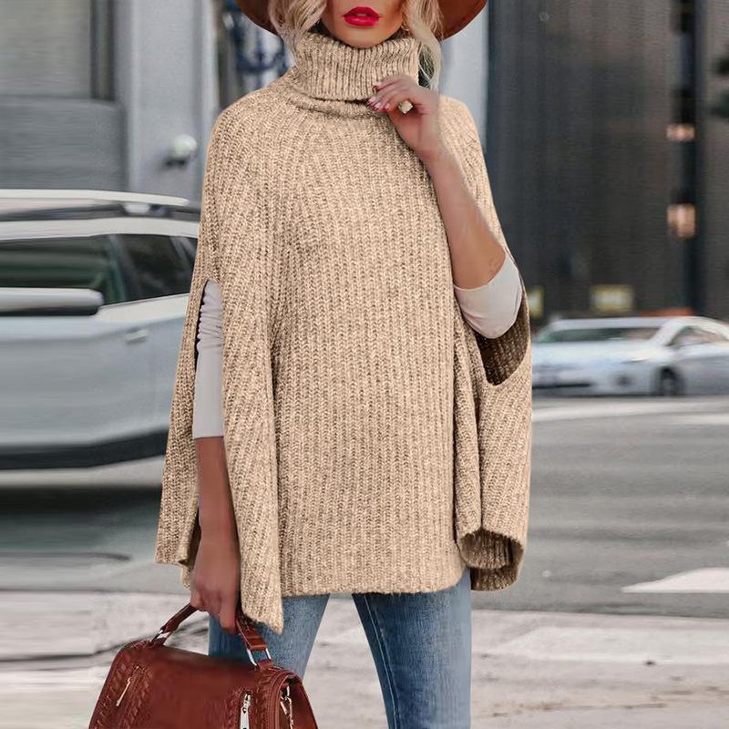 Women’s Sweater Cape – Loose Fit – High Neck – Wool Blend – Arm Slit Design