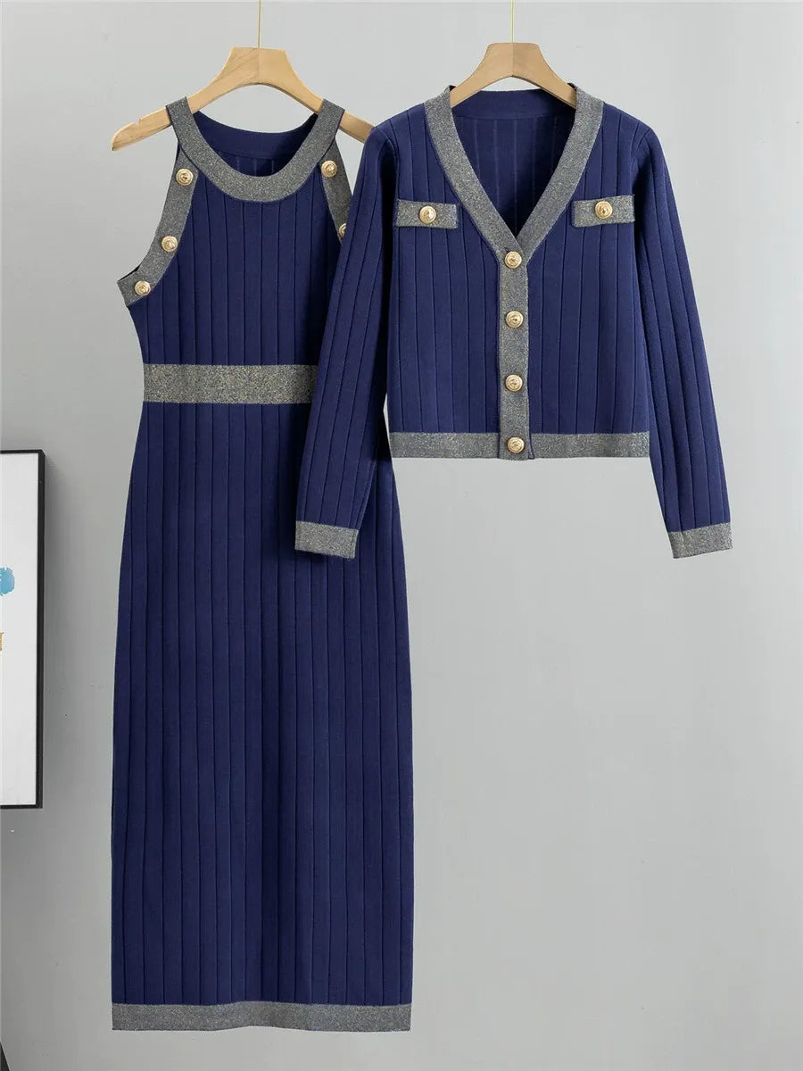 Women’s Two-Piece Knit Set – Slim Fit Midi Dress – Cropped Cardigan – Metallic Trim