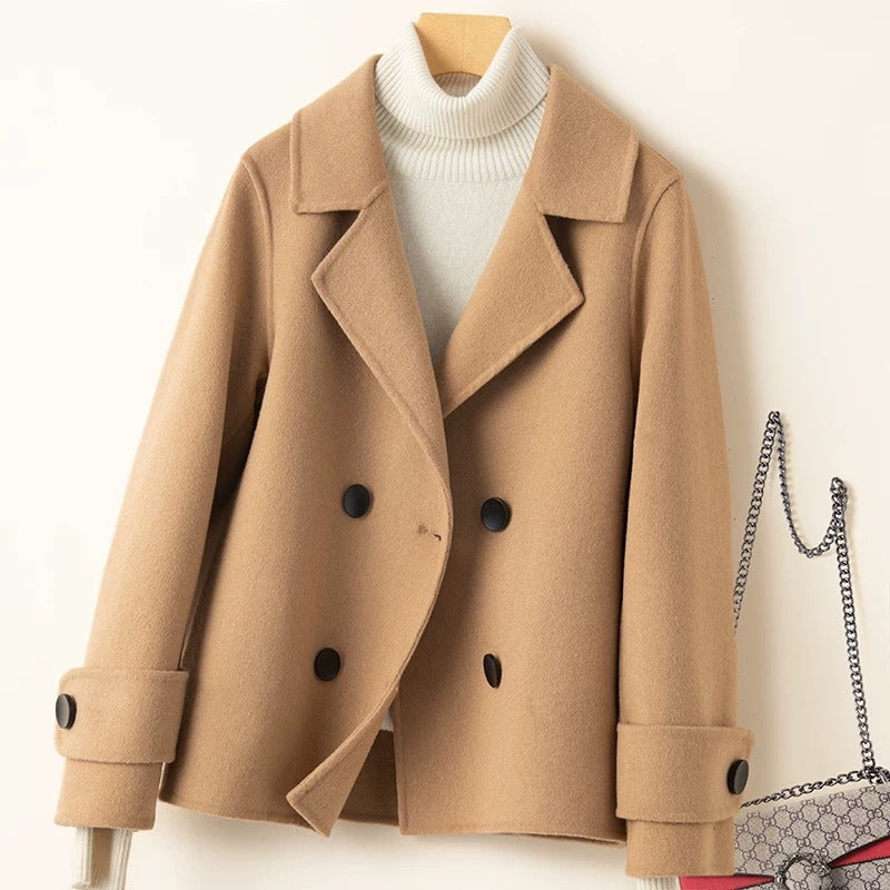 Women’s Short Coat – Tailored Fit – Wool Feel – Double-Breasted – Notched Lapel