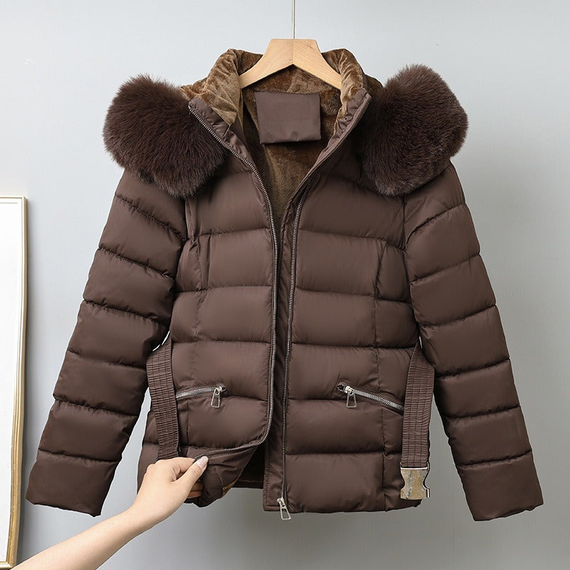 Women’s Puffer Coat – Quilted Insulated – Belted Fit – Removable Fur-Trimmed Hood