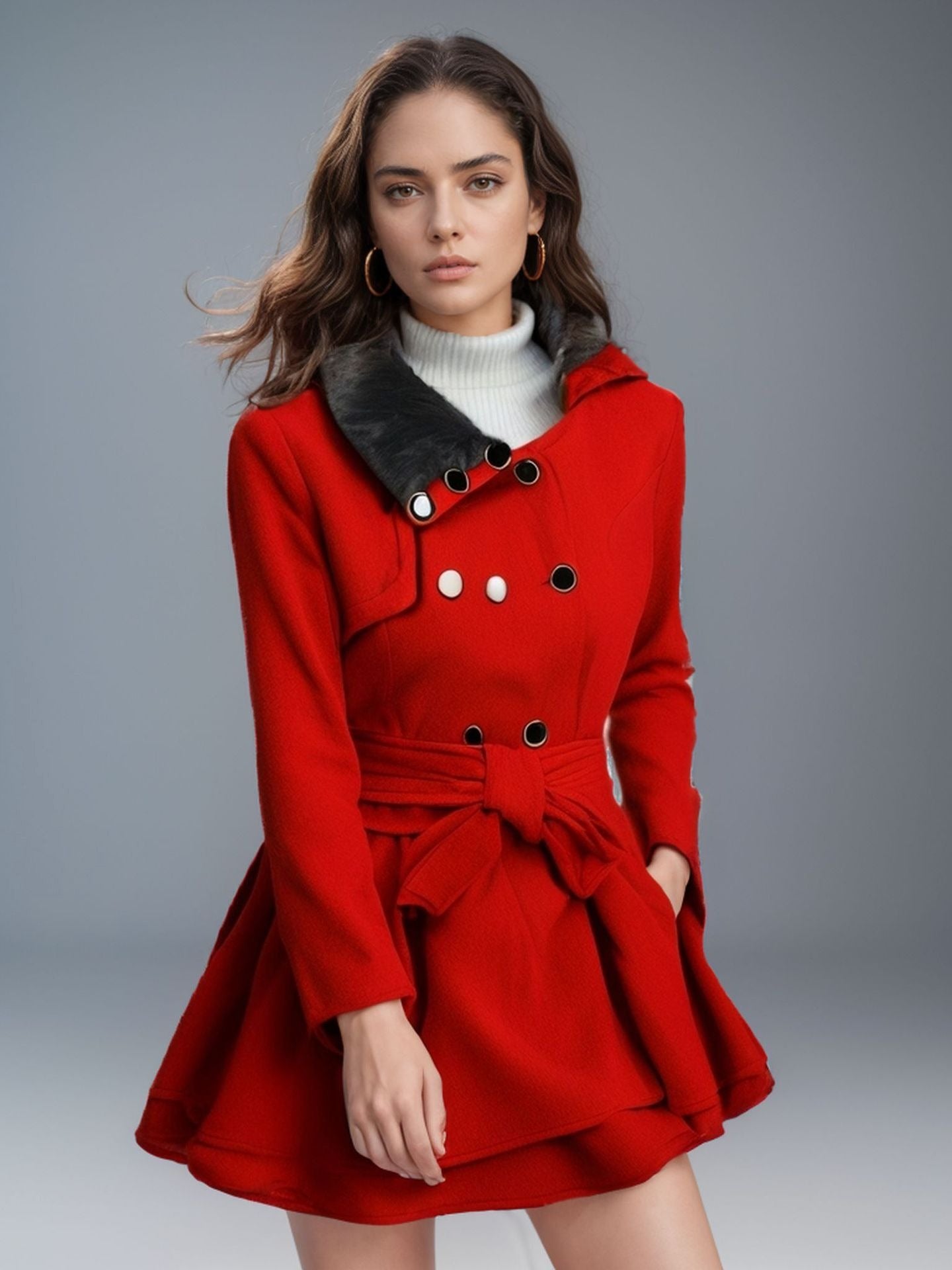 Women’s Trench Coat – Slim Fit – Wool Feel – Double-Breasted – Belted Flared Hem