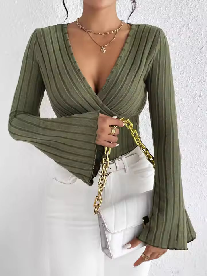 Women’s Knitted Pullover Top – Slim Fit – Ribbed Texture – Deep V-Neck – Long Sleeve