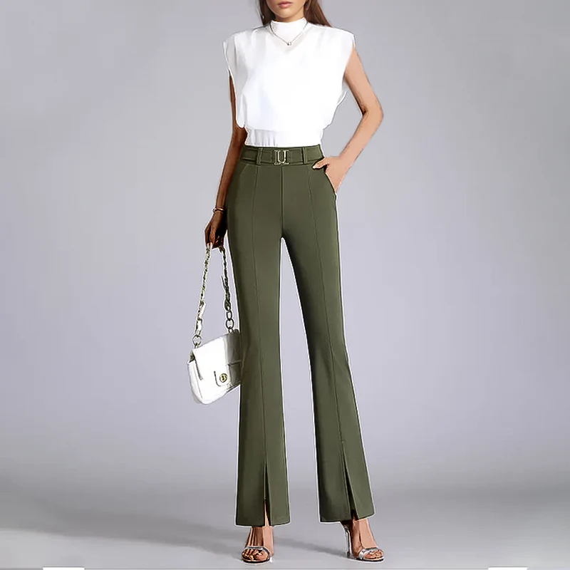Women’s Flared Trousers – High Waist – Slim Fit – Front Slits – Integrated Belt