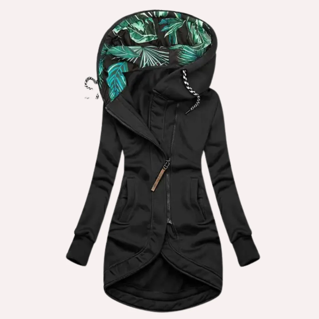 Women’s Fleece Jacket – Slim Fit – Hooded with Printed Lining – Asymmetrical Zip – Long Length