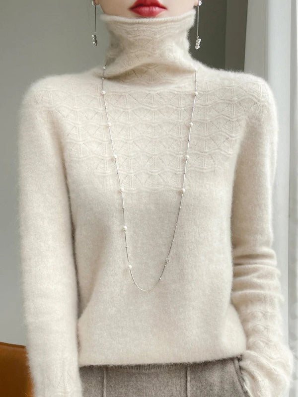 Women’s Turtleneck Sweater – Slim Fit – Wool Blend – Geometric Hollow Knit