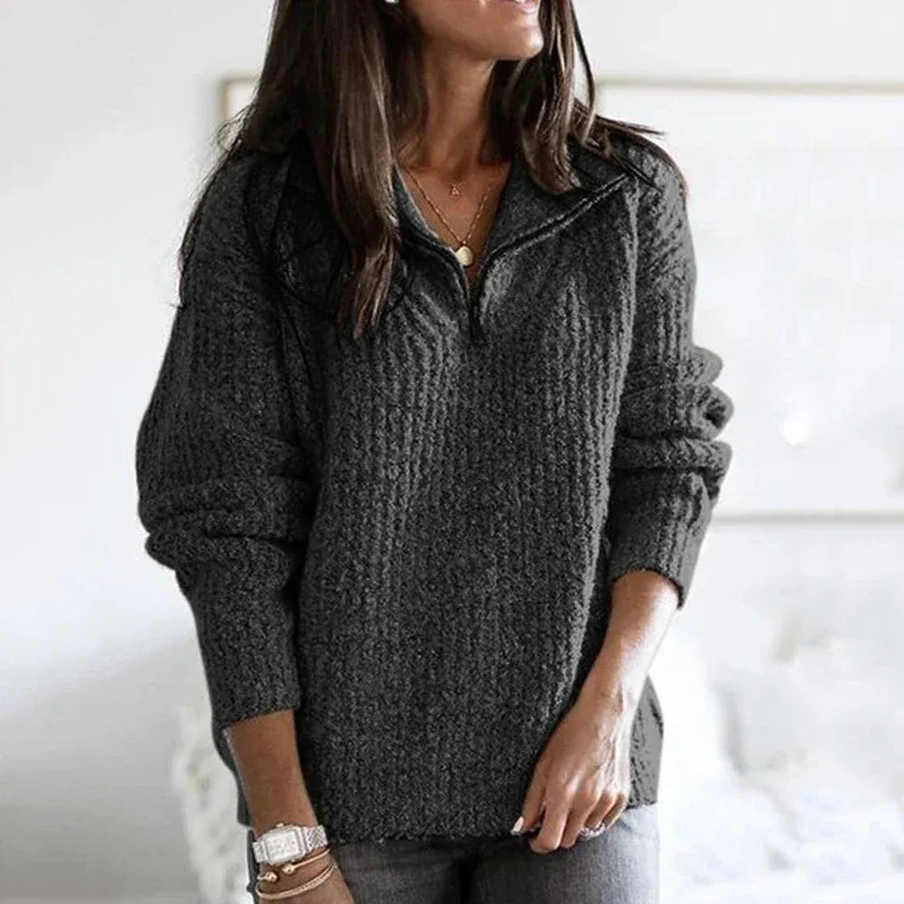 Women’s Half-Zip Sweatshirt – Relaxed Fit – Chunky Knit – Soft Wool Blend – Hip Length