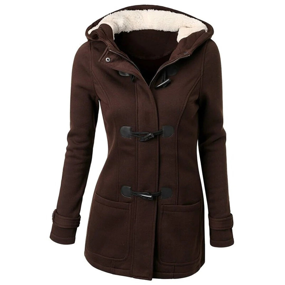 Women’s Long Coat – Wool Blend – Tailored Fit – Hooded with Toggle Closure