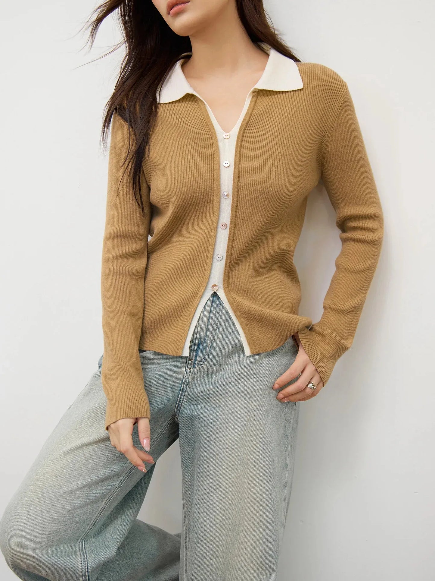 Women’s Knitted Top – Ribbed Texture – 2-in-1 Layered Look – Button Front – Long Sleeve